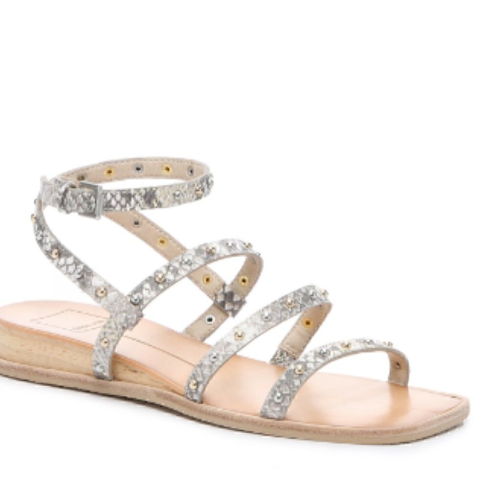 Dolce Vida: Strappy Snake Skin Silver Gold Studded Strappy Ankle Wedge Sandal